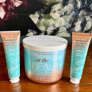 NEW 3-Pc AT THE BEACH 3-Wick 14.5oz Candle & 2 Hand Creams Bath & Body Works